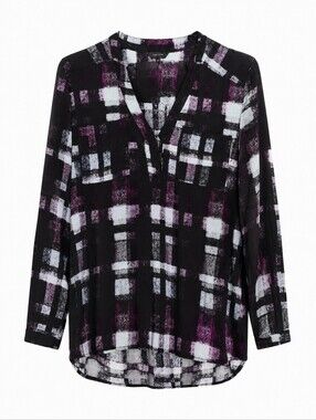 RW&CO. Purple Grey Abstract Plaid V-Neck Long Sleeve High-Low Tunic Blouse Top